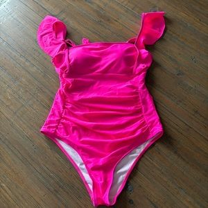 Eomenie L Ruffle Swimsuit Ruched Tummy Control Bathing Suit in hot pink